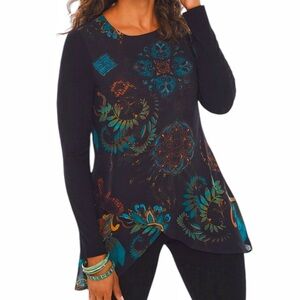 Chico’s Heritage Woven Front Tunic Top Multicolor Floral Asymmetric Hem Size L